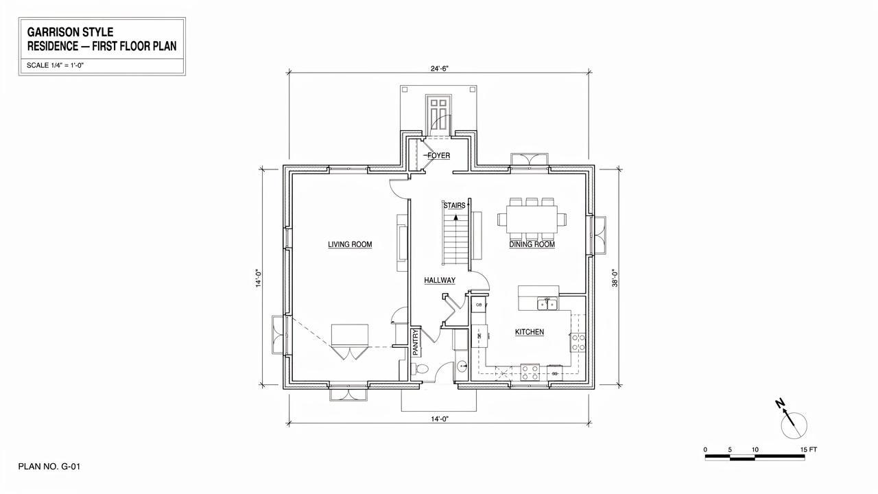 Traditional colonial floor plan of a Garrison style house.