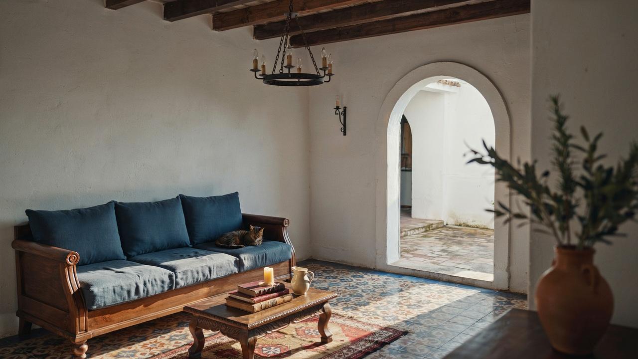 Spanish Mediterranean interior with patterned tiles, wrought iron details, dark wood furniture, and warm earthy decor.