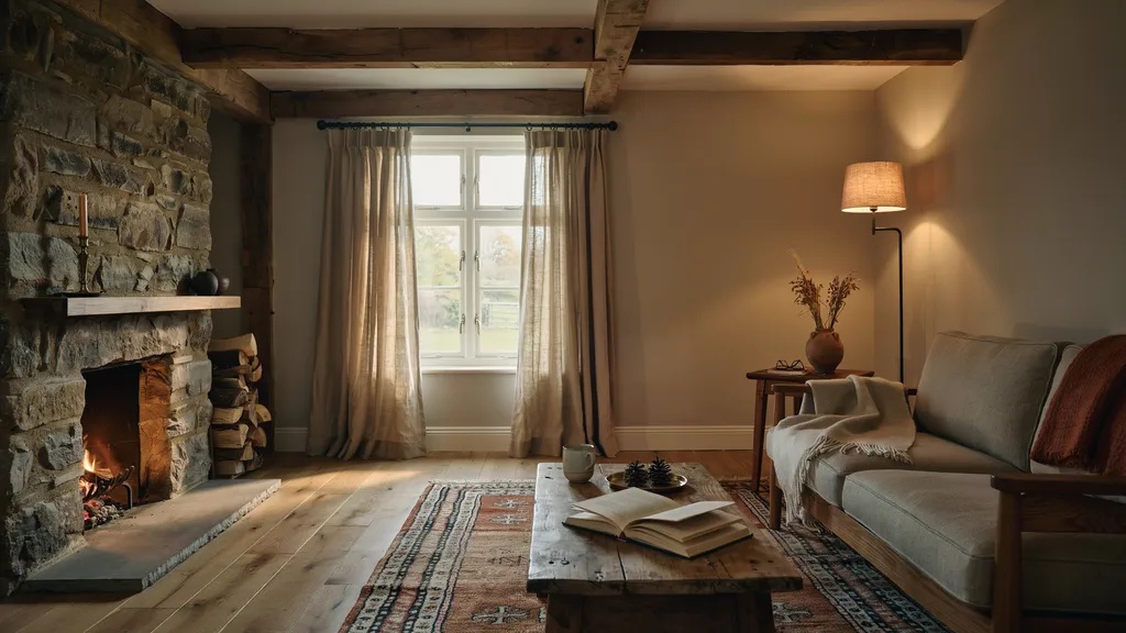 Rustic home interior with natural wood, stone fireplace, and earthy colors.