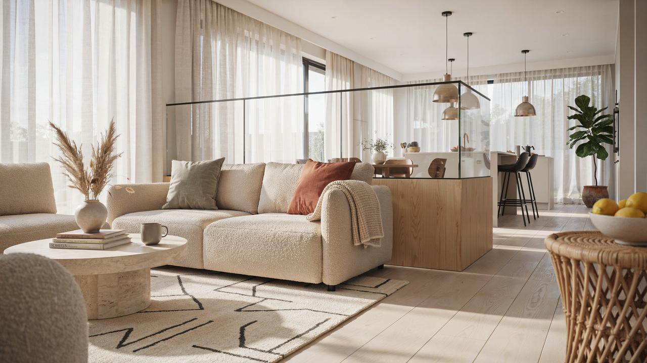 Half wall with glass panels allowing natural light while dividing two living spaces.