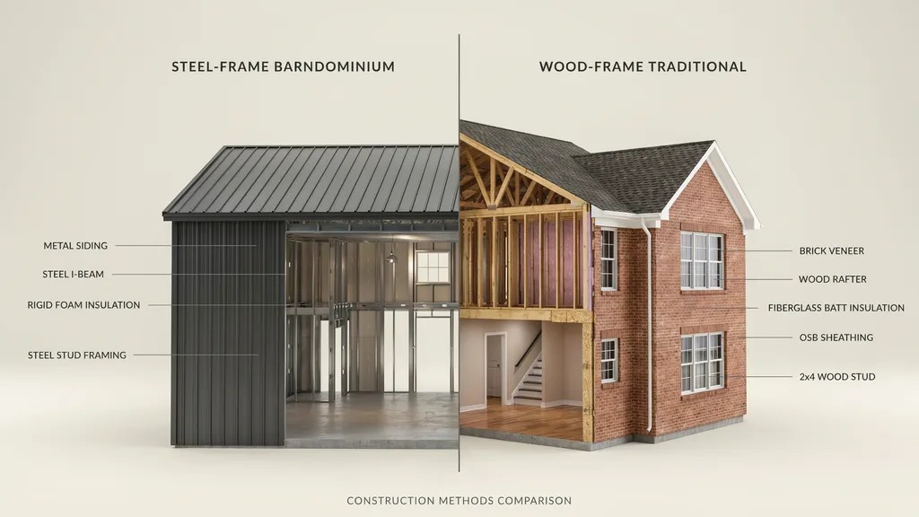Comparison of steel-frame barndominium construction and wood-frame traditional house materials.