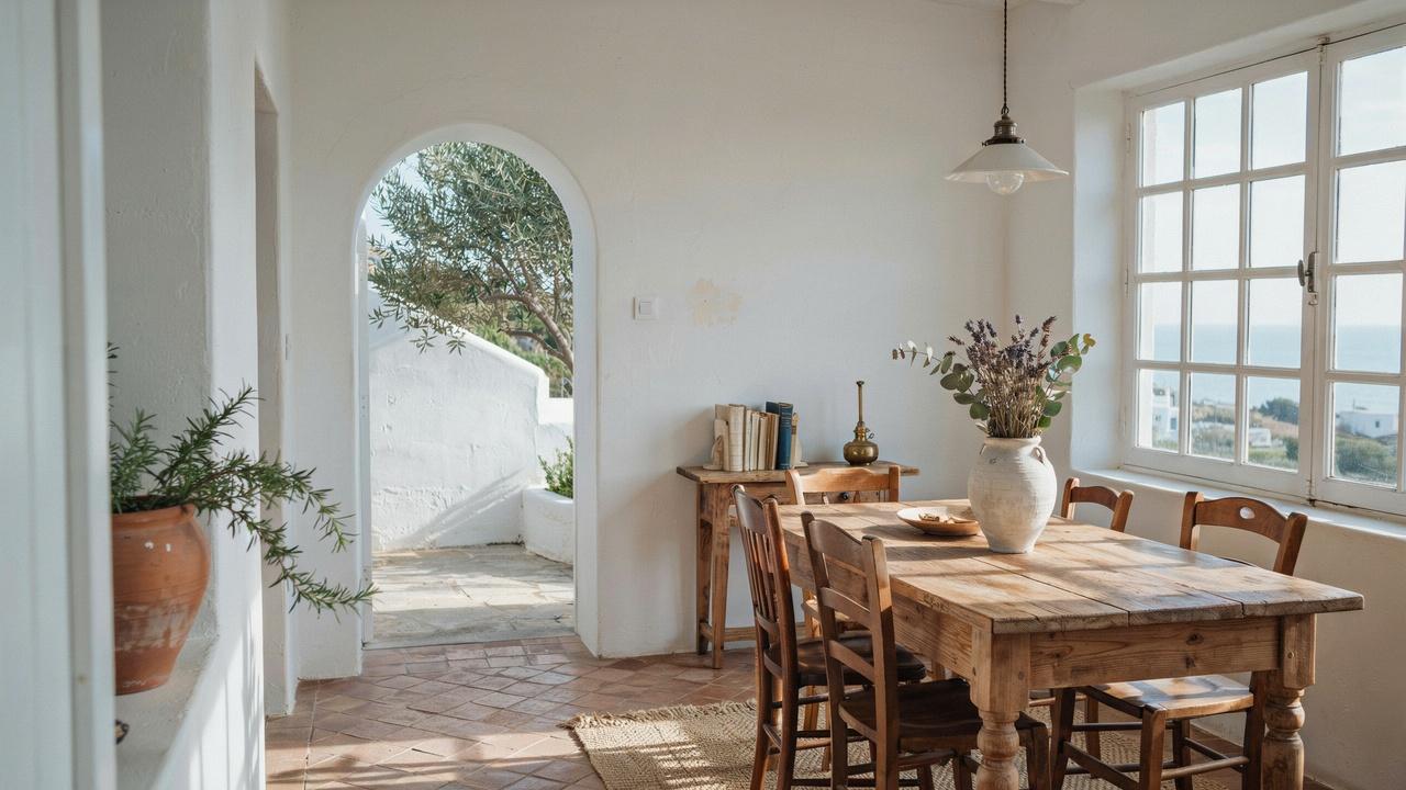 Mediterranean home interior with white stucco walls, terracotta tiles, rustic wood, arched doorways, and natural light.