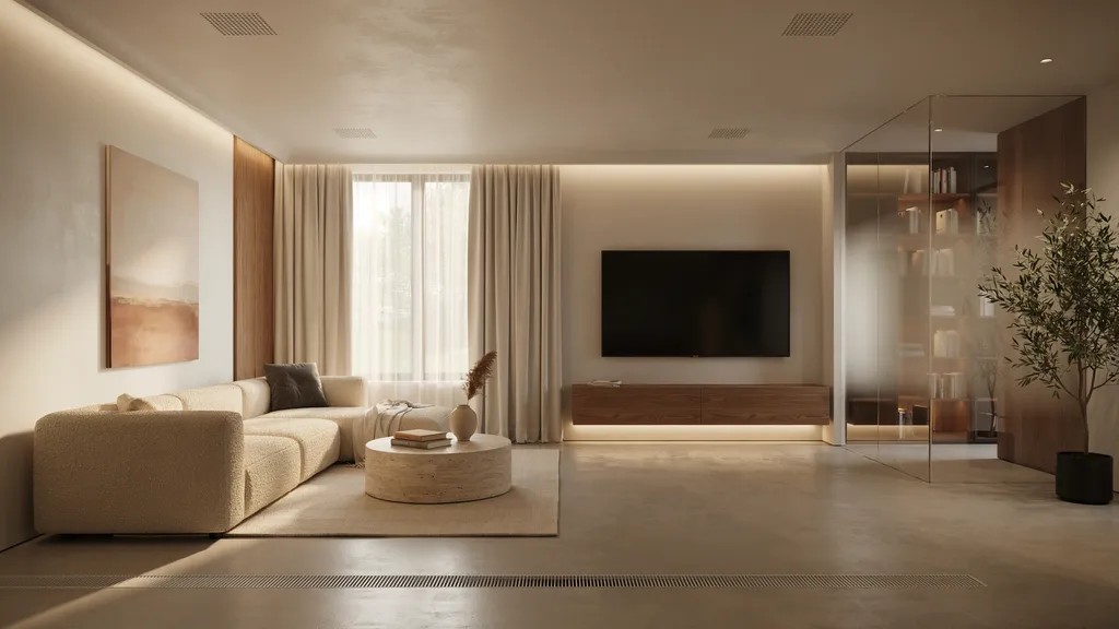 Smart home interior designed with hidden technology, seamless automation, and a clean modern layout.
