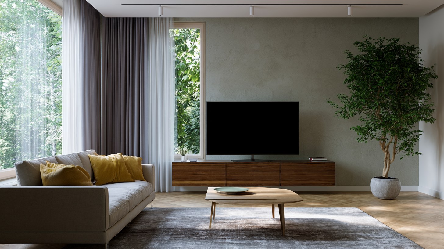 TV placed in front of layered curtains and blackout drapes.