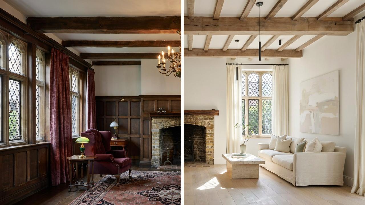 Before and after modern Tudor house interior makeover.
