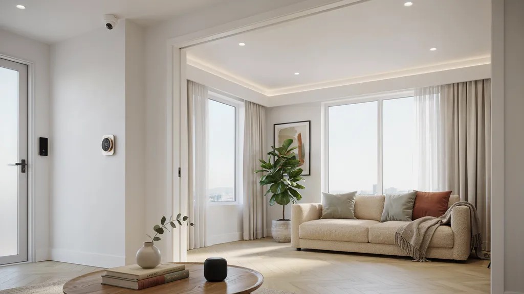 Modern smart home featuring energy-efficient technology, smart security, automated lighting, and a clutter-free interior.