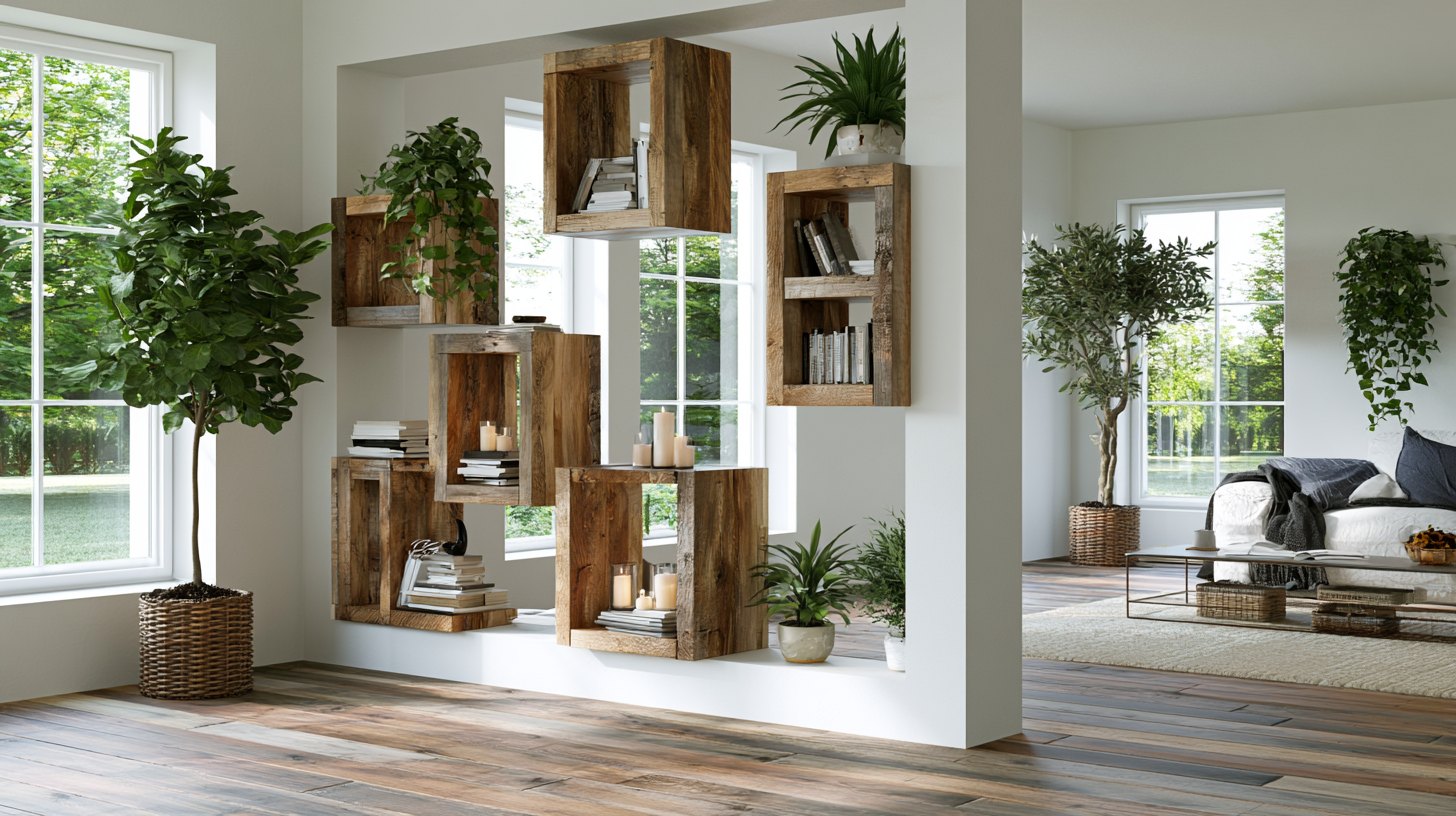 Half wall divider with floating shelves for storage and decorative display.
