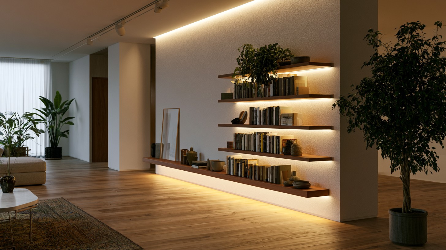 Modern half wall divider with built-in LED lighting creating a warm ambient glow.