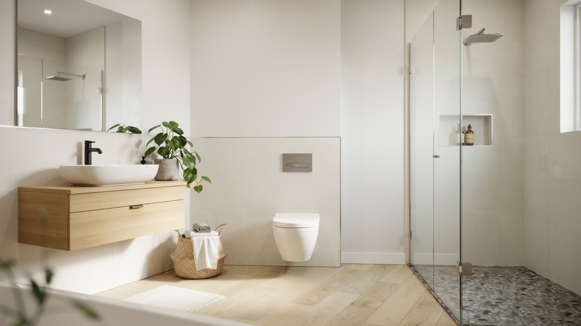 Modern 3/4 bathroom with a toilet, vanity sink, and glass walk-in shower in a compact layout.