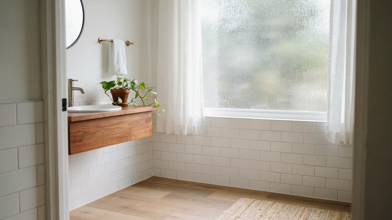 Natural light entering a small 5x7 bathroom through a frosted window.
