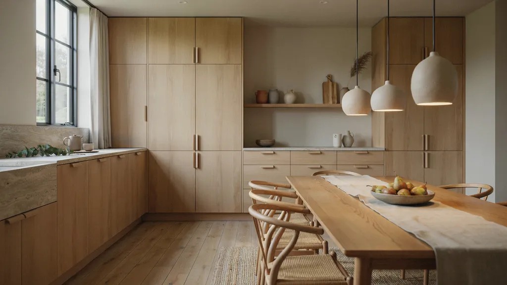 Modern Japandi kitchen combining Japanese simplicity with Scandinavian warmth.