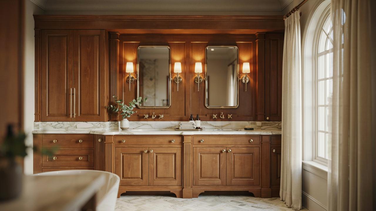 Custom wood vanity with marble countertop in a classic luxury bathroom.