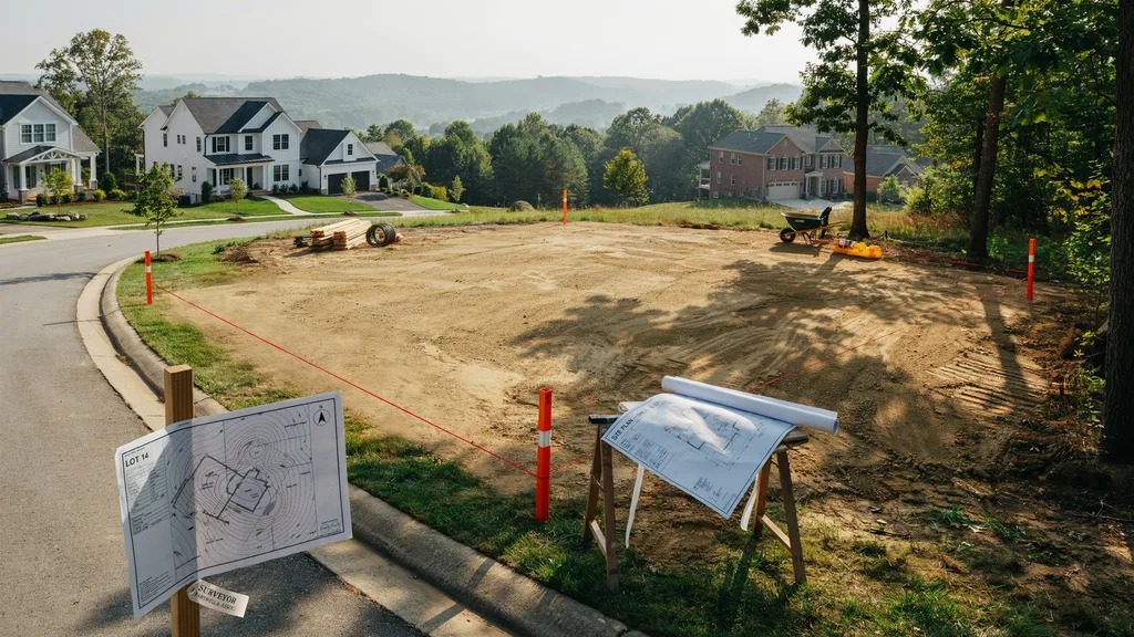 Residential land selected for building a custom home with site planning documents.