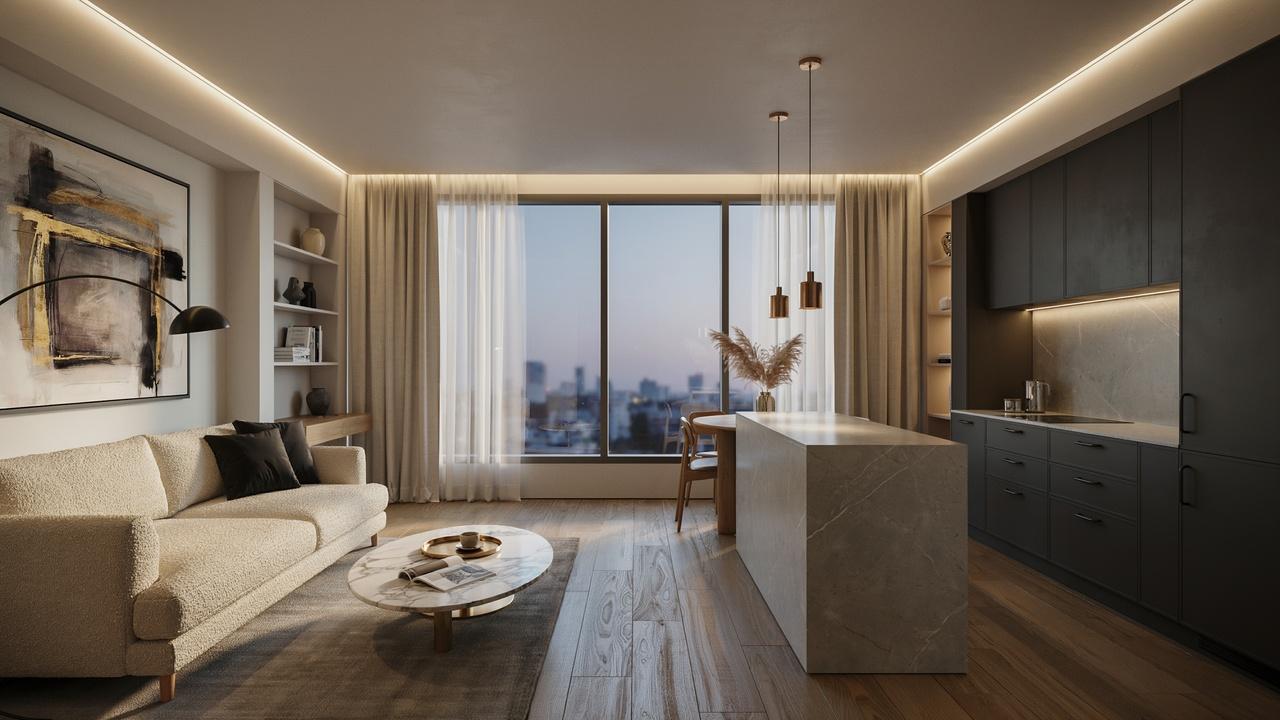 Small luxury condo interior with elegant furniture, premium finishes, smart storage, and a spacious modern layout.