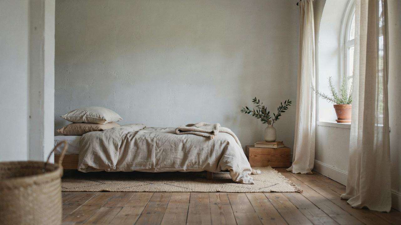 Mediterranean bedroom with linen bedding, woven rug, wooden furniture, and soft natural light.