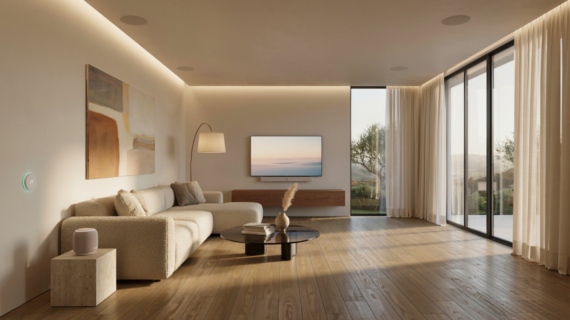 Modern smart home interior with integrated lighting, hidden technology, and minimalist contemporary design.