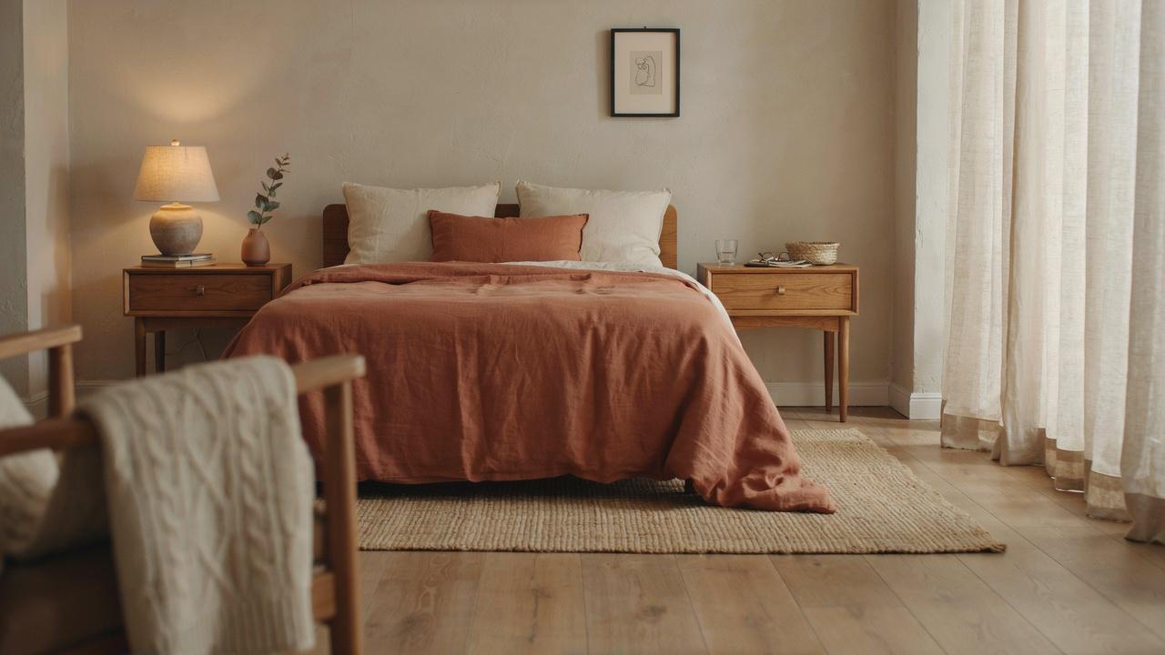 Bedroom with beige walls, terracotta bedding, and warm wood furniture.